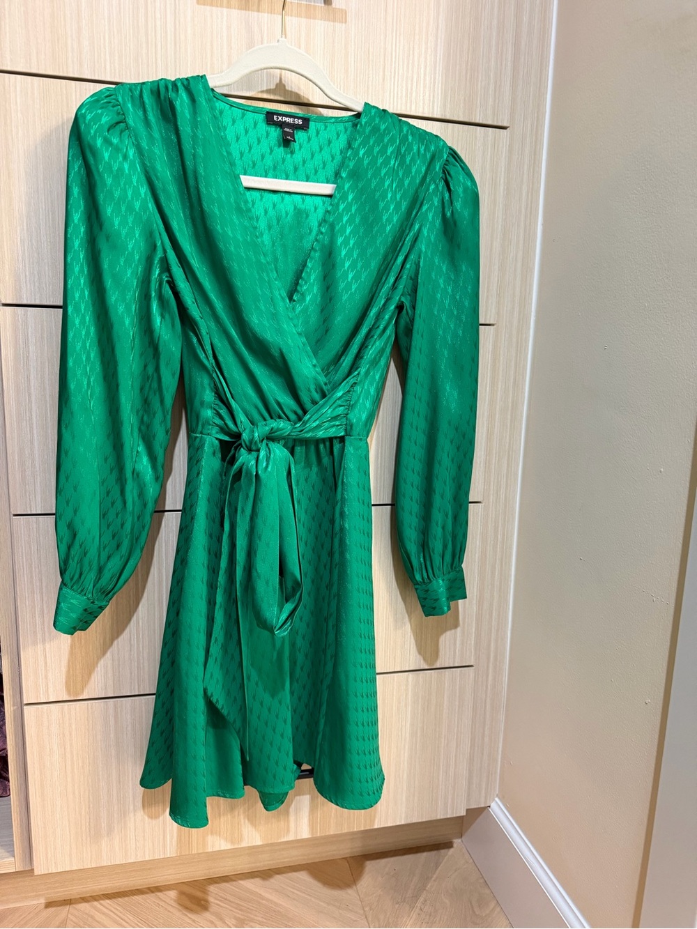 Express Satin-Like Emerald Green Wrap Dress with Tie Waist